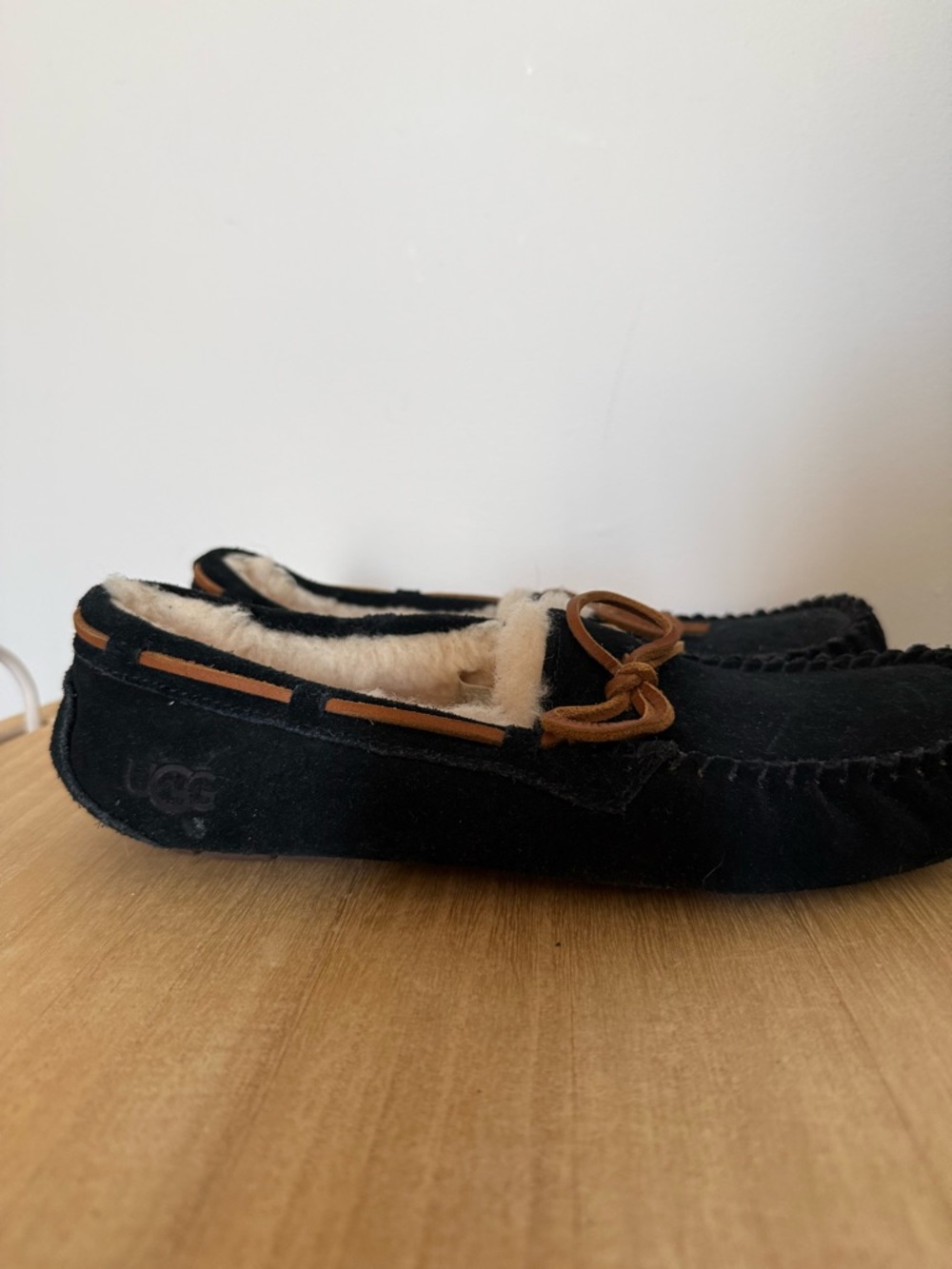 UGG Black Suede Moccasin Slippers with Chestnut Trim